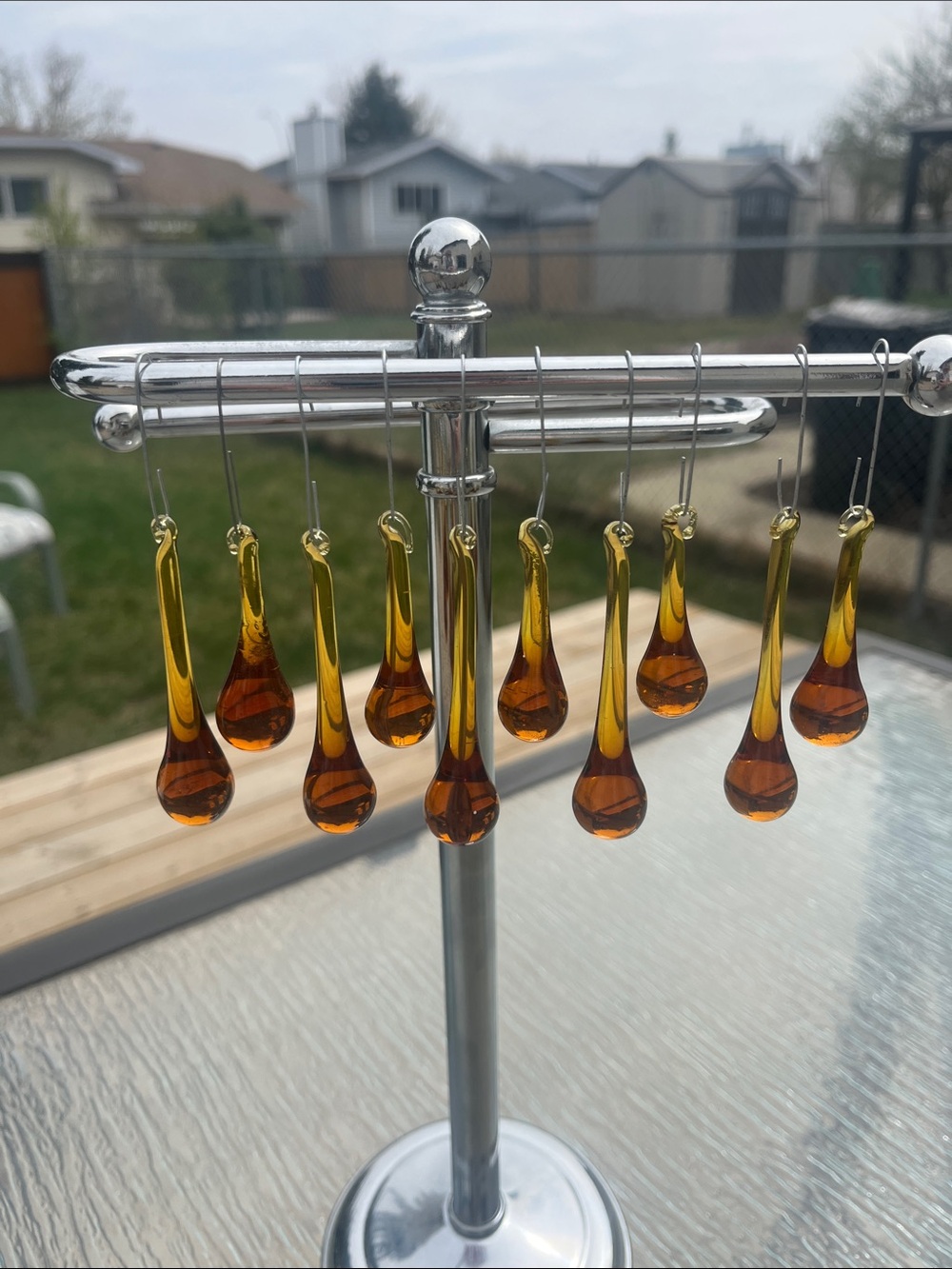 Handblown Amber Glass Teardrop Dangle Chandelier Icicle Ornaments Set 10